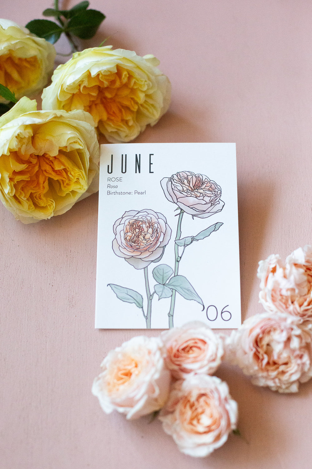 Floral arrangement with a card labeled 'June' on a pink background