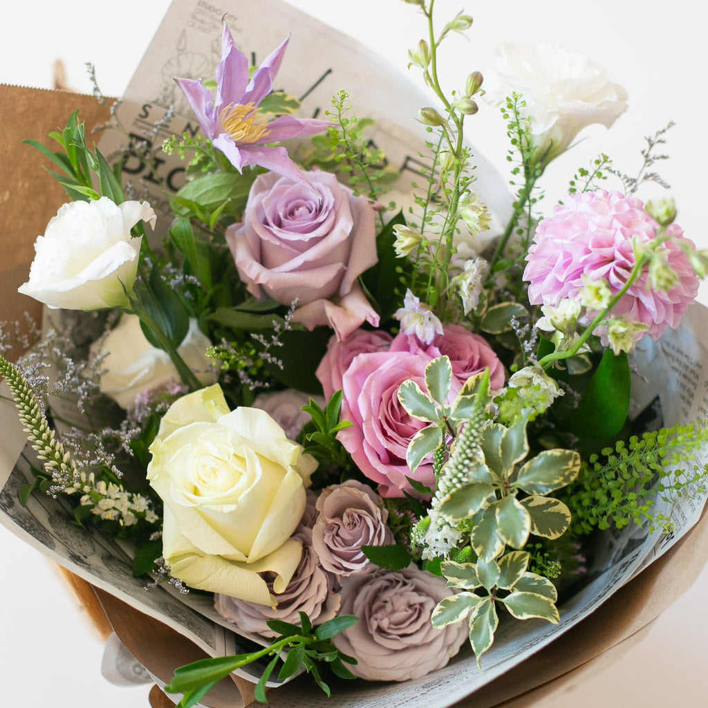 purple and white bouquet