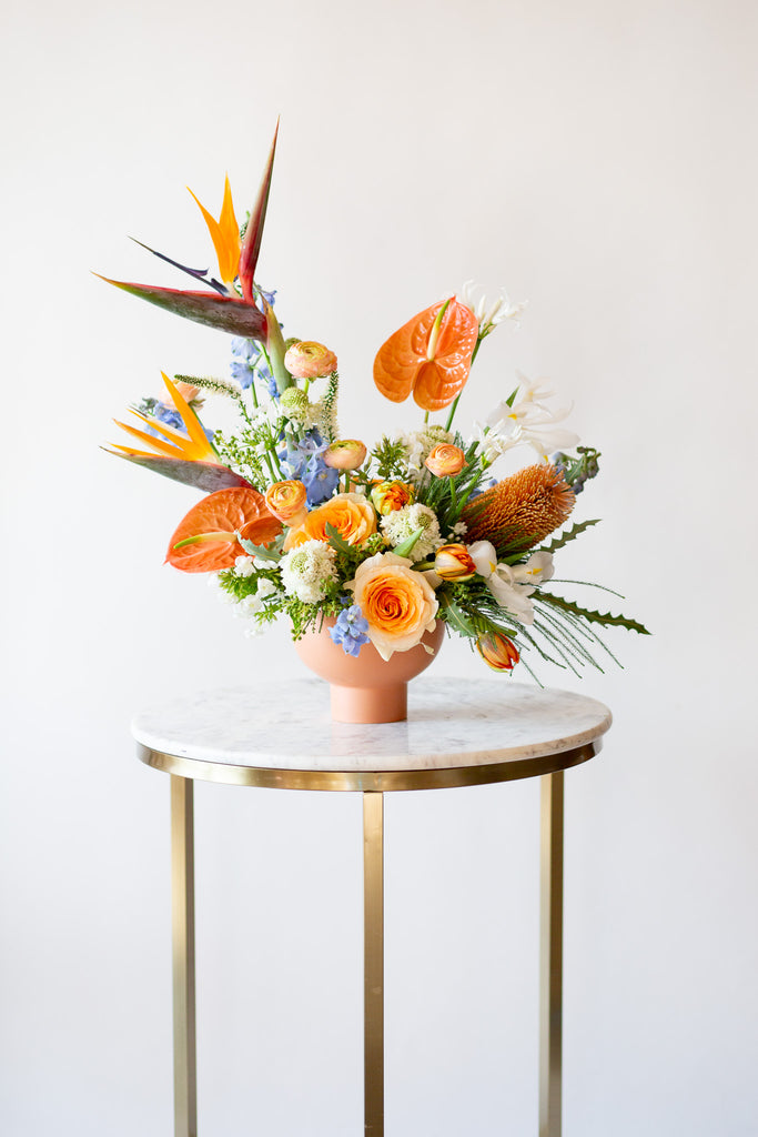 WildFlora's Tropic Paradise Arrangement in a terracotta compote vase in front of a white backdrop on a small marble table. It has blue, orange, peach, and white flowers, and includes rose, ranunculus, banksia protea, iris, delphinium, anthurium, scabiosa, bird of paradise, tulip, and allium.