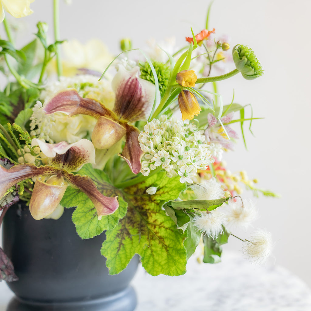 close-up of A flower arrangement in a matte black vase in front of a white backdrop on a marble table. It's filled with orange, white, purple, but mostly green and and chartreuse-colored flowers and foliage, including sword fern, fritillaria, alium, pitcher plant, anemone, ornamental grass, calathea peacock plant, clematis, and heuchera. The vibes are very Hobbiton.