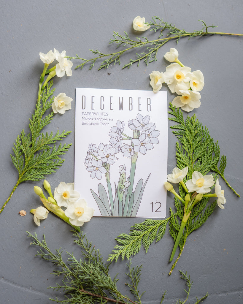 Floral arrangement with a 'December' card on a gray background