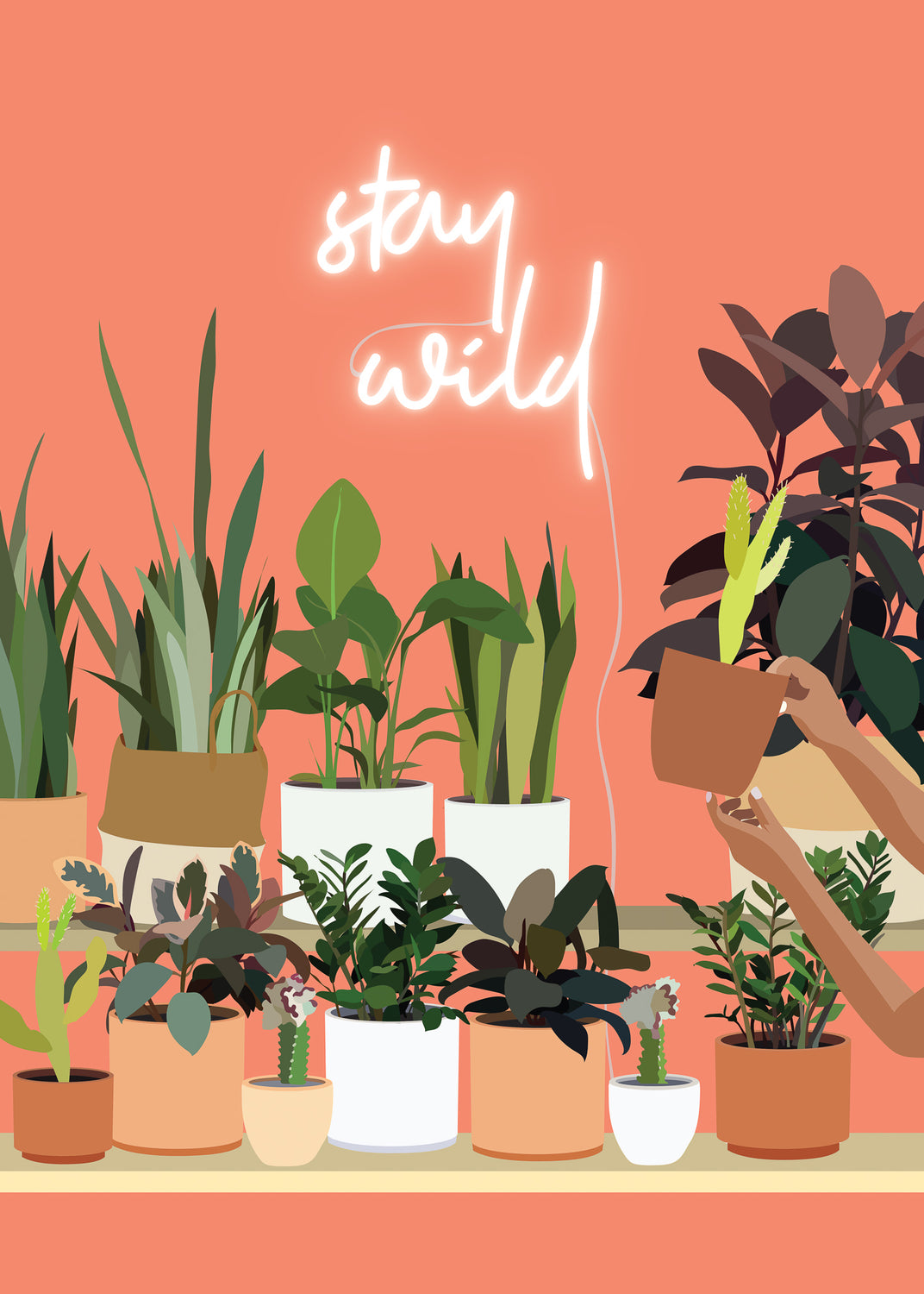 artwork of a shelf full of potted plants.