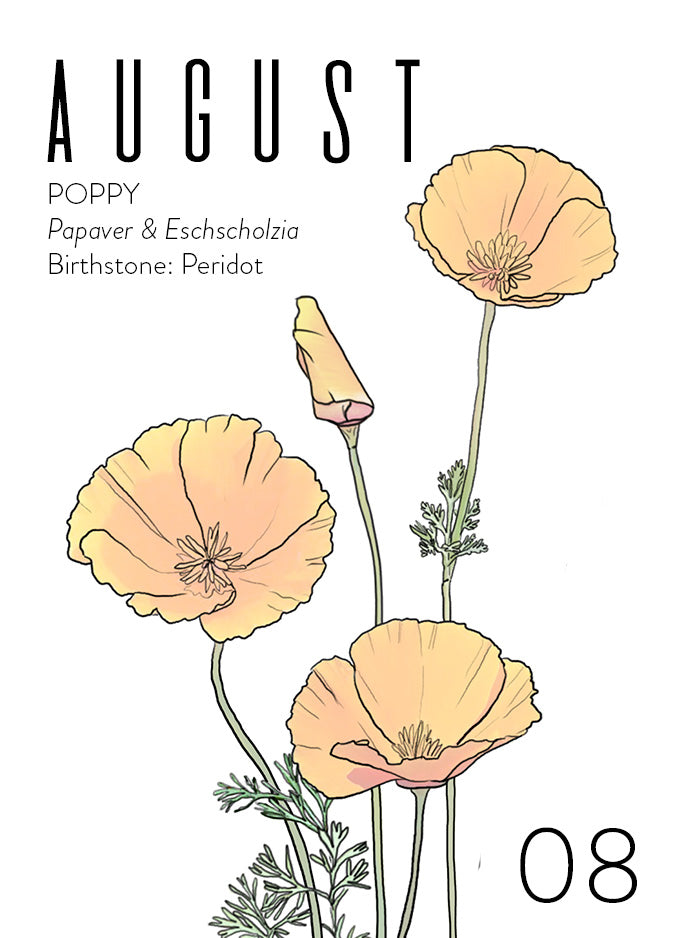 An August birth month card that has artwork of California Poppies on it and also lists the birth month gemstone.