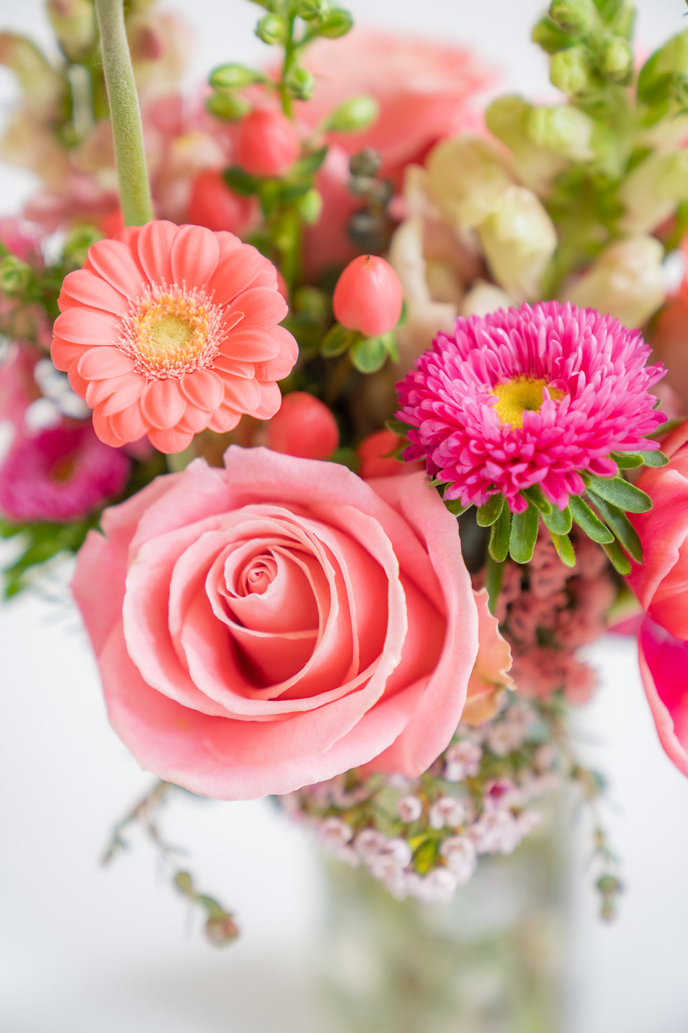 closeup of pink flowers, including rose, piccolini daisy, hypericum berries and snapdragon.