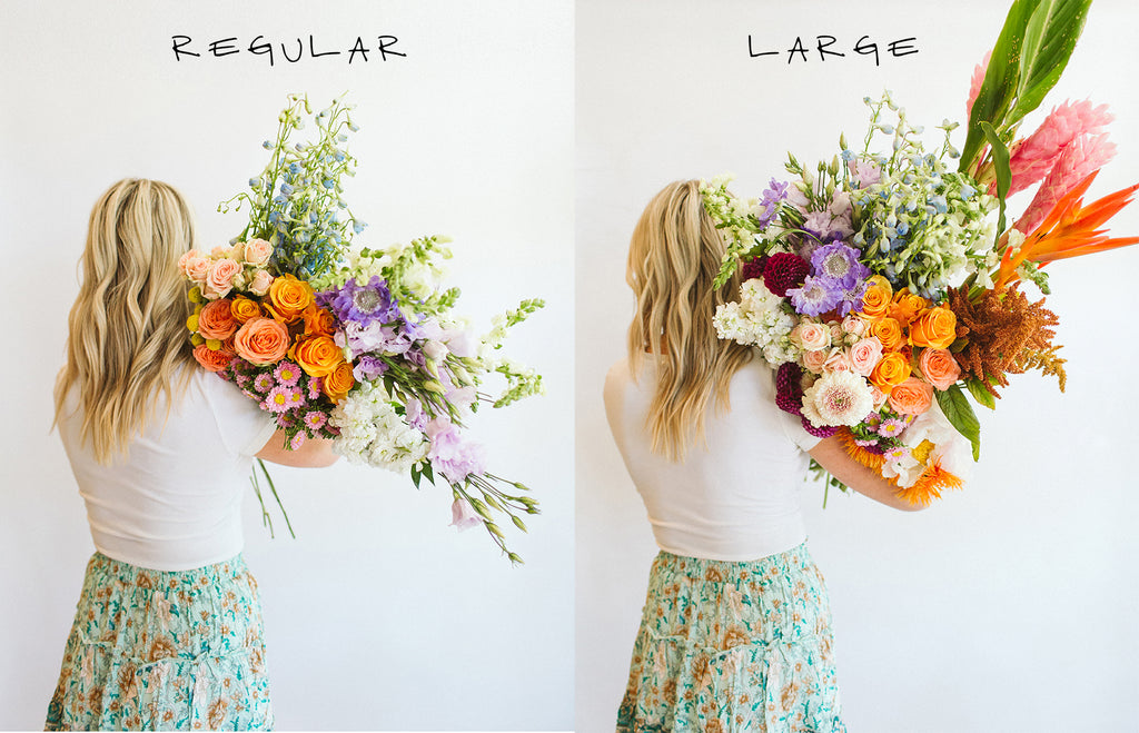 woman holding the bundles of flowers to compare size options. the large bundle of multi-colored flowers on the right is roughly 2 times the size of the regular-sized bundle on the left.