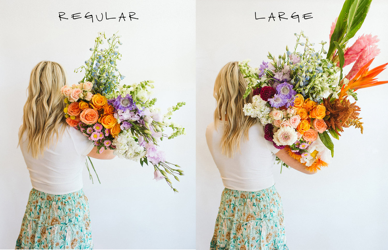 woman holding the bundles of flowers to compare size options. the large bundle of multi-colored flowers on the right is roughly 2 times the size of the regular-sized bundle on the left.