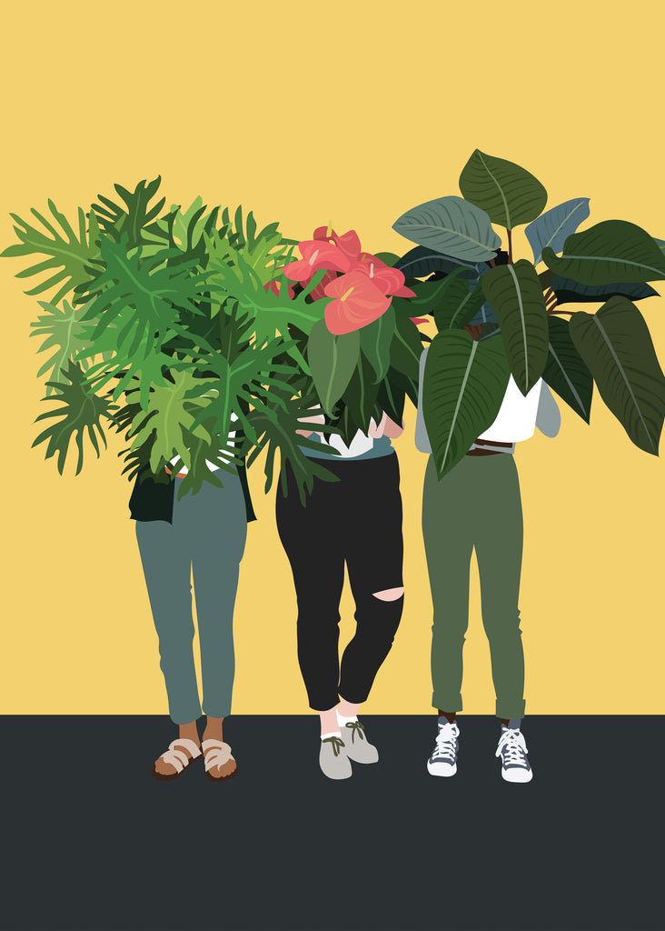 artwork of three people holding potted plants in front of their faces.