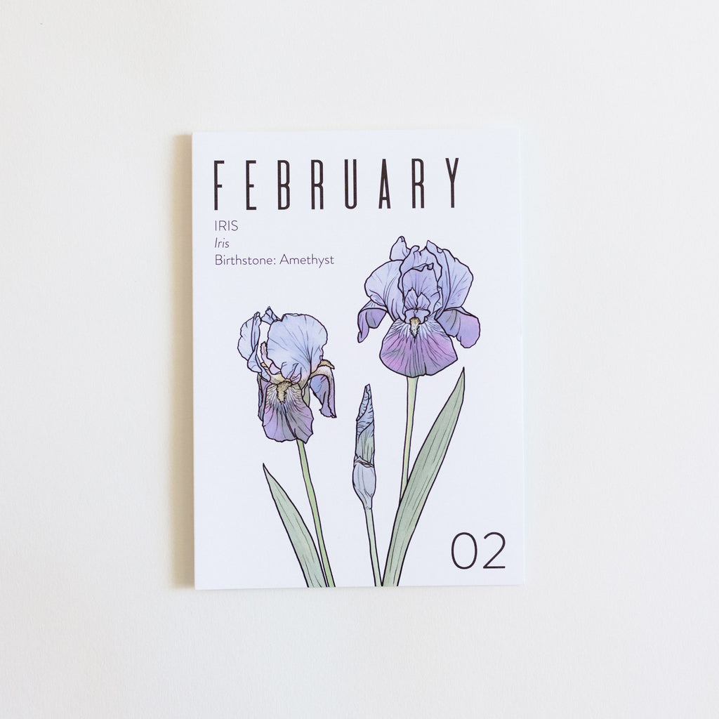 A February birth month card that has artwork of iris on it and also lists the birth month gemstone.