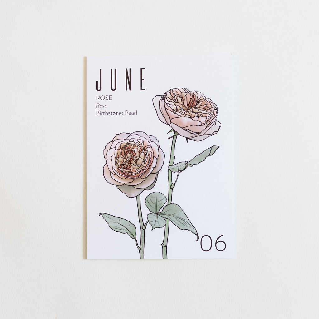An June birth month card that has artwork of garden roses on it and also lists the birth month gemstone.