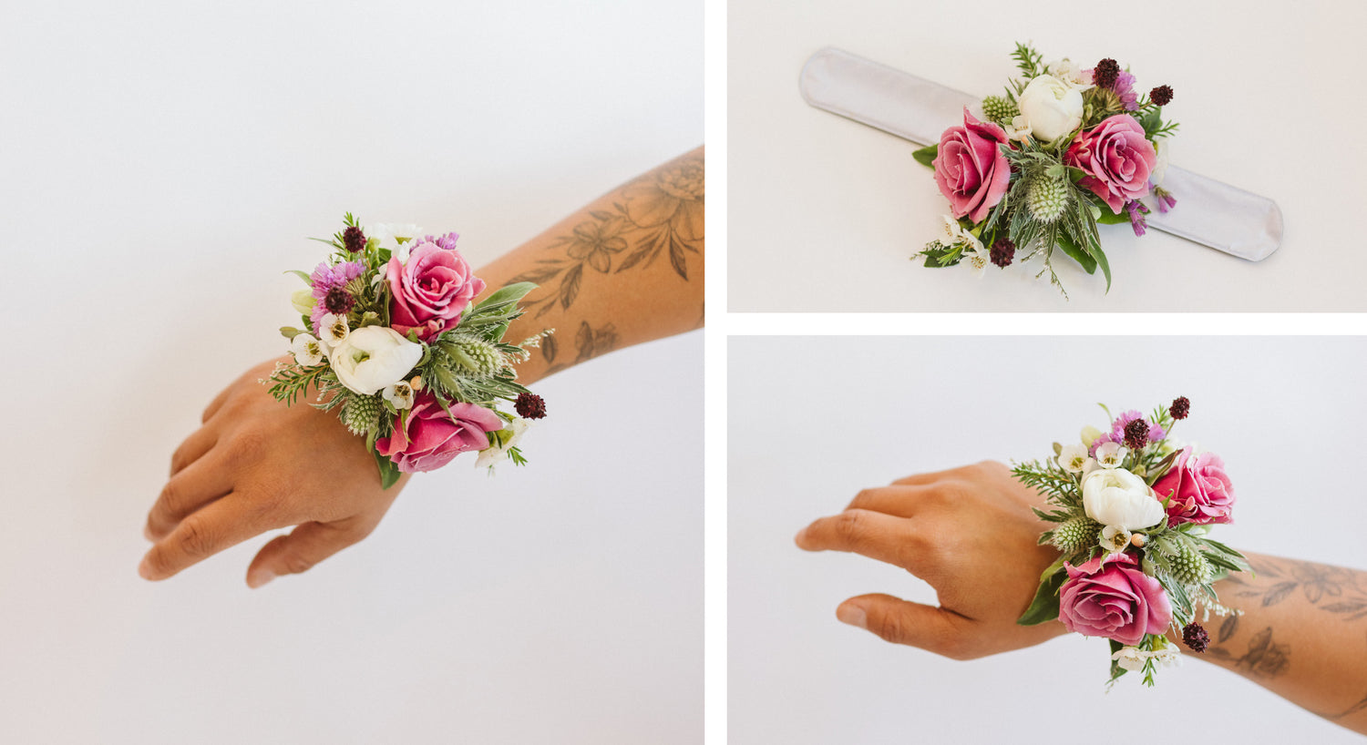 three images of a corsage. in two, a tattooed arm wears the corsage. It's made of pink, white, green, and dark purple flowers, including spray rose, thistle, ranunculus, and other foliage. in the final image it shows the corsage is constructed on a white snap bracelet.