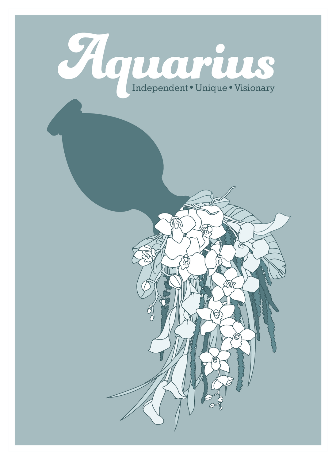 A greeting card featuring the word 'Aquarius' in white script above a teal silhouette of a jug pouring illustrated florals on a muted blue-green background, photographed against a white background.