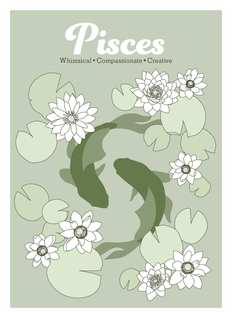 A greeting card featuring a Pisces zodiac design with two koi fish swimming among white lotus flowers and green lily pads on a pale sage background, photographed against a white background.