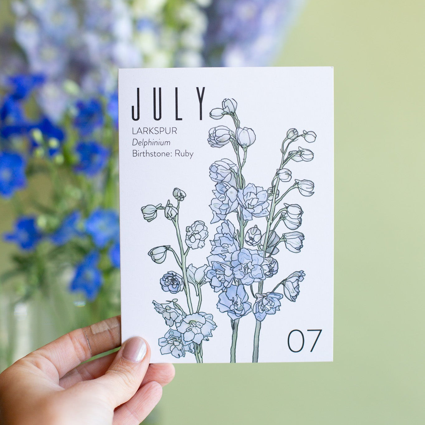 A hand holds a July birth month birthday card that has artwork of delphinium on it and also lists the birth month gemstone. blurry in the background are blue delphinium blooms