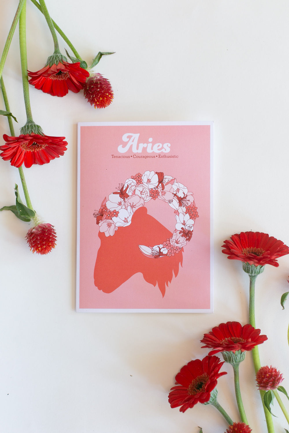 An Aries zodiac greeting card featuring a ram silhouette with a white floral crown, styled on a white background with red flowers.