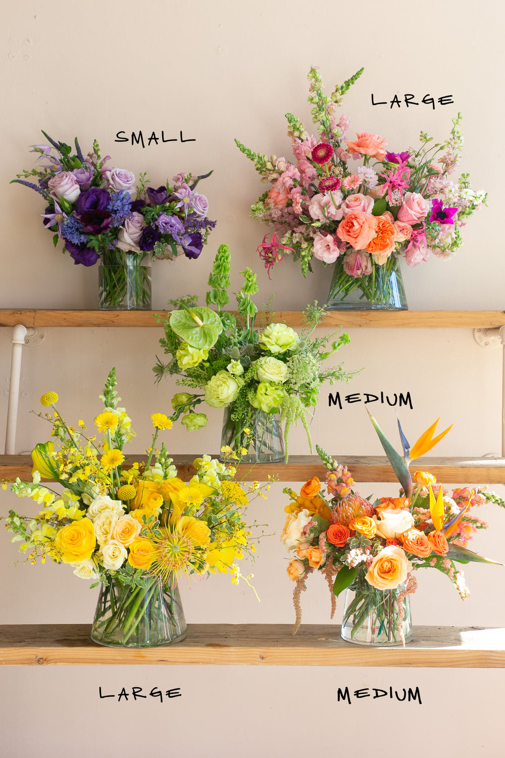 monochromatic flowers arrangements next to each other and with size labeled for comparison: small purple arrangement, large pink, medium green, large yellow, and medium orange.