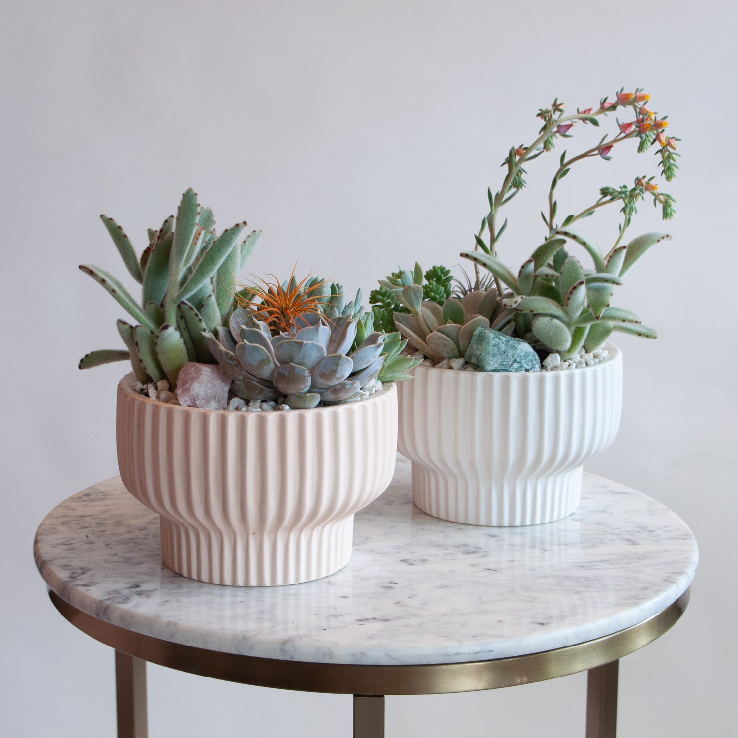 two circular, ribbed planters with succulents, air plants, and a crystal, sitting on a marble table in front of a white backdrop. One is blush-colored and the other is white.