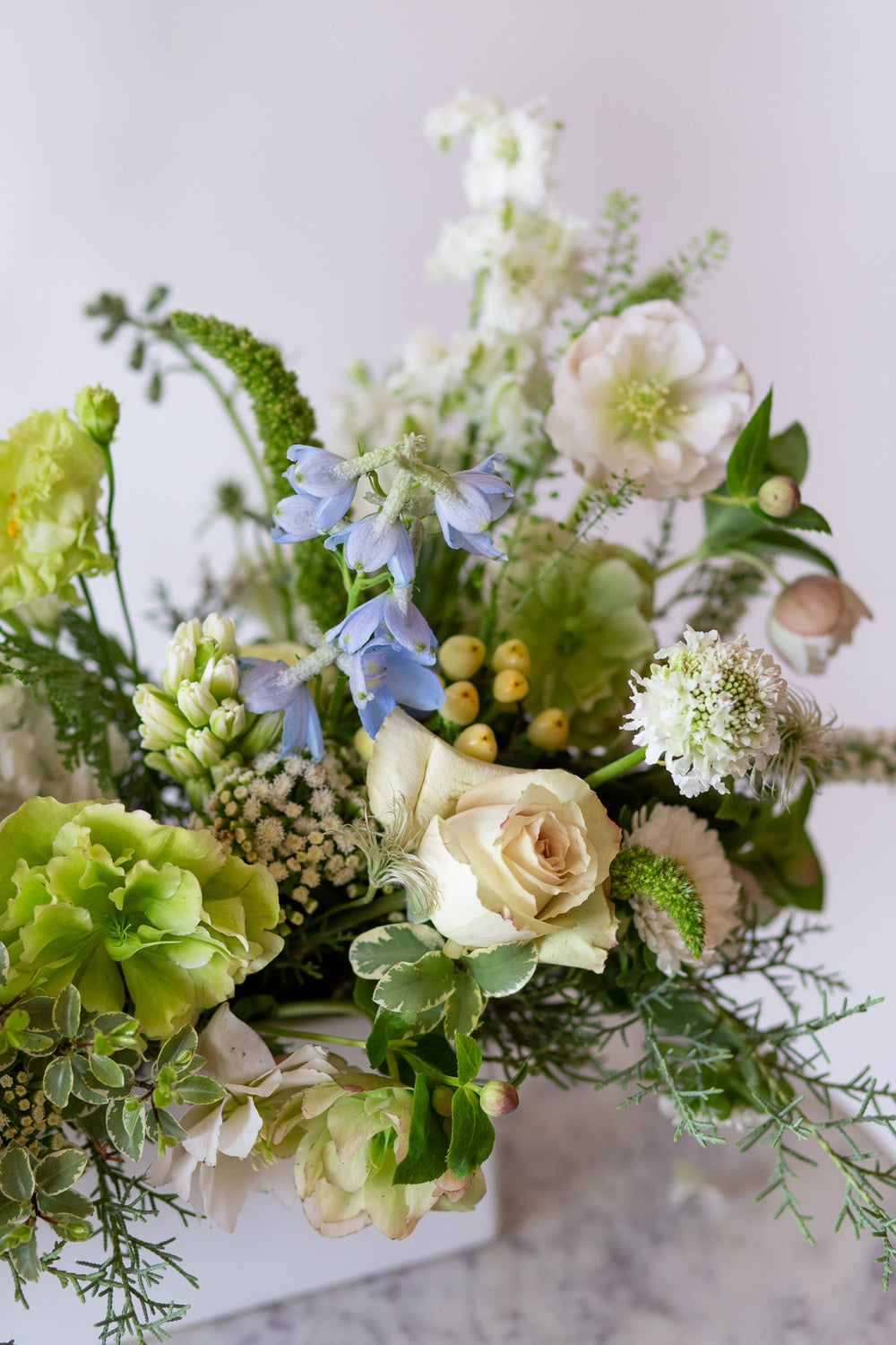 WildFlora's Flora Flurries Long & Low Arrangement in a white ceramic long & low vase on a small marble table in front of a white backdrop. It has baby blue, chartreuse, green, and white flowers, and includes rose, veronica, lisianthus, snapdragon, hyacinth, delphinium, scabiosa, juniper, aster, and hellebore.