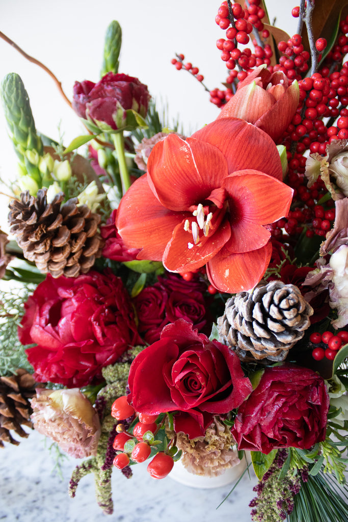 WildFlora's Winterberry Arrangement in a white ceramic compote vase on a small marble table in front of a white backdrop. It has red, green, white, and brown flowers, and includes rose, amaryllis, pinecones, peony, berries, lisianthus, snapdragon, and winter greens and magnolia foliage.