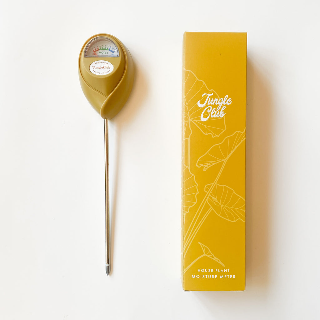 mustard colored plant moisture meter with similar-colored box, photographed on a clean white background.