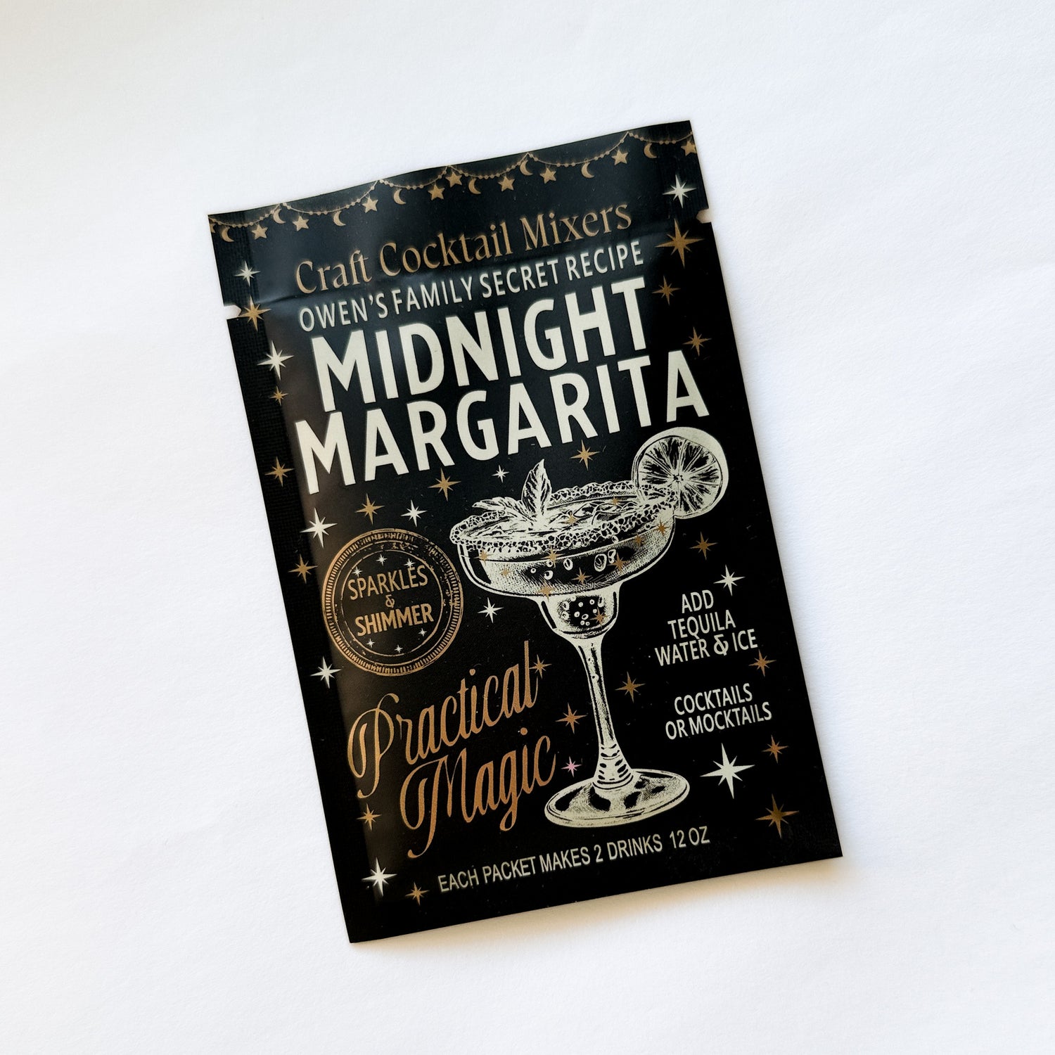 Cocktail mixer package for 'Midnight Margarita' on a white background