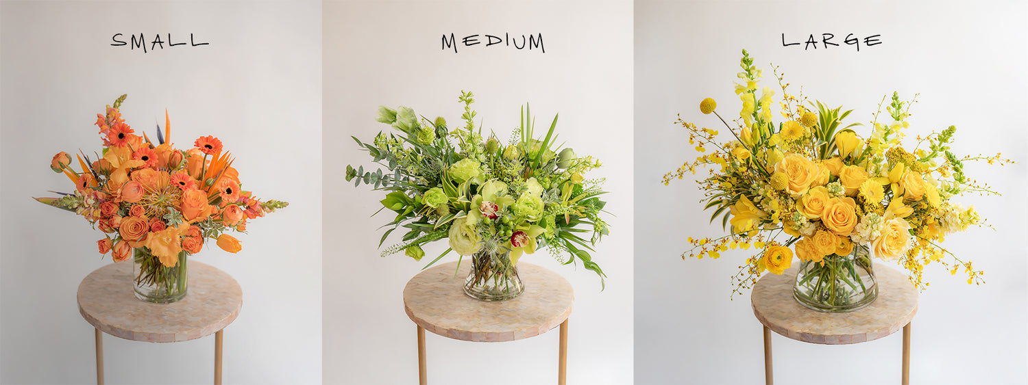 3 floral arrangements for size comparison. The small has orange flowers, the medium has green flowers, and the large has yellow flowers.