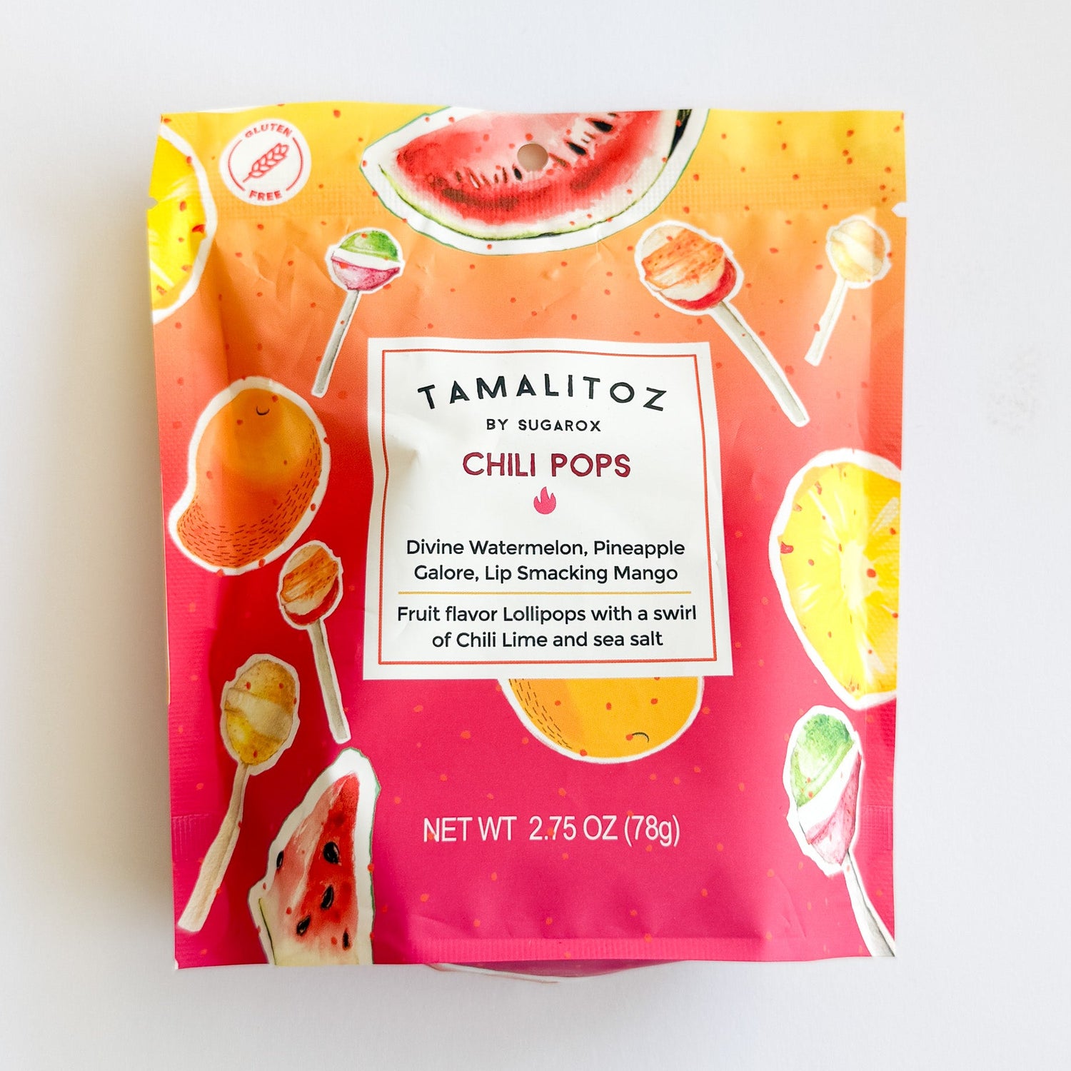 a yellow, orange and pink gradient Tamalitoz chili pop candy package 