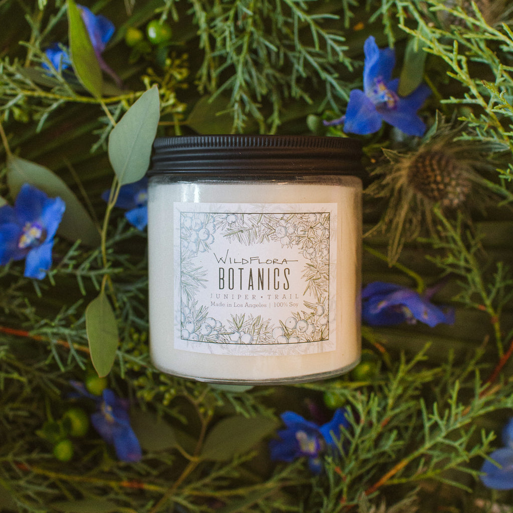 Juniper Trail Botanics double-wick, white soy wax candle in a glass container with a black lid. The label has a matching botanical sketch and shows the scent. Behind the Candle are evergreens and blue flowers